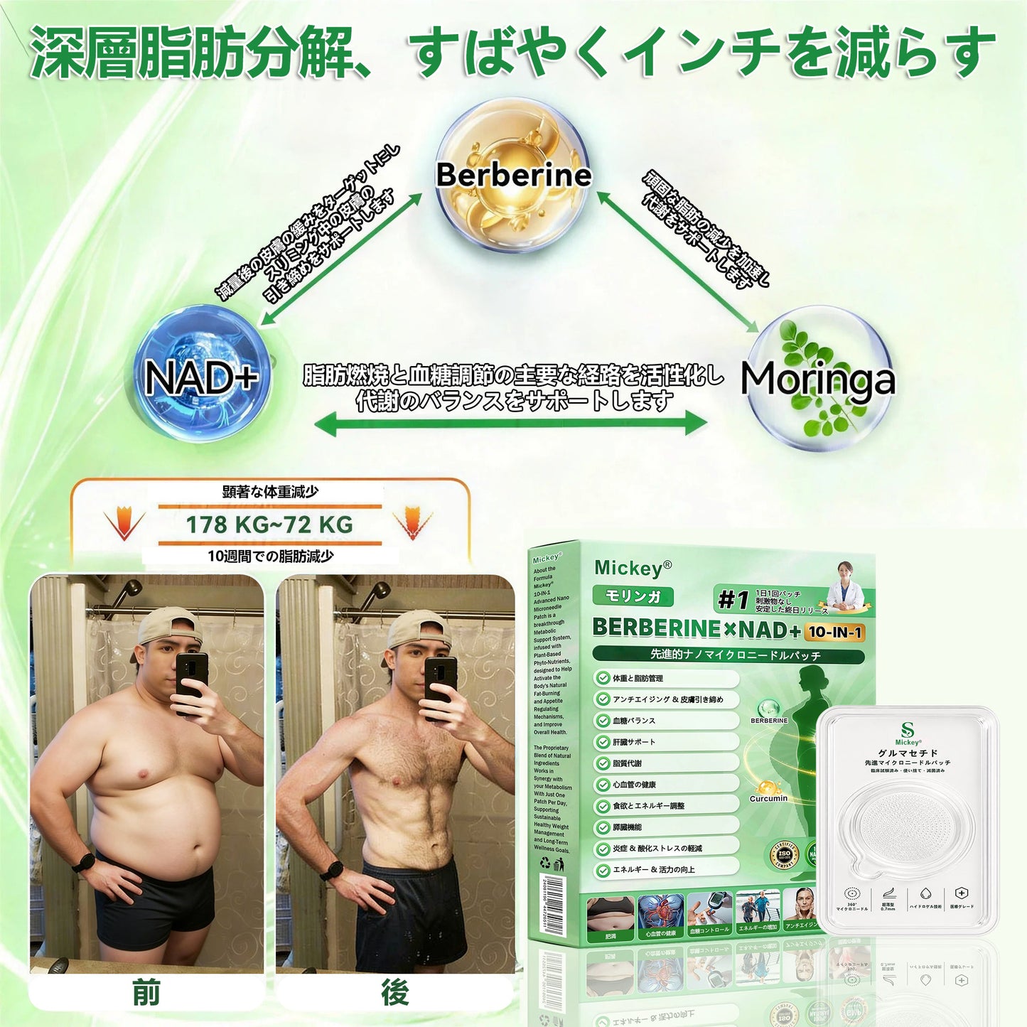 Mickey® モリンガ＆ベルベリン×NAD+ 10-in-1 アドバンストナノマイクロニードルパッチ👩‍⚕️（1日1回、7日で実感できる変化） ✅✅ 肥満、たるみ肌、糖尿病などに。👩‍⚕️